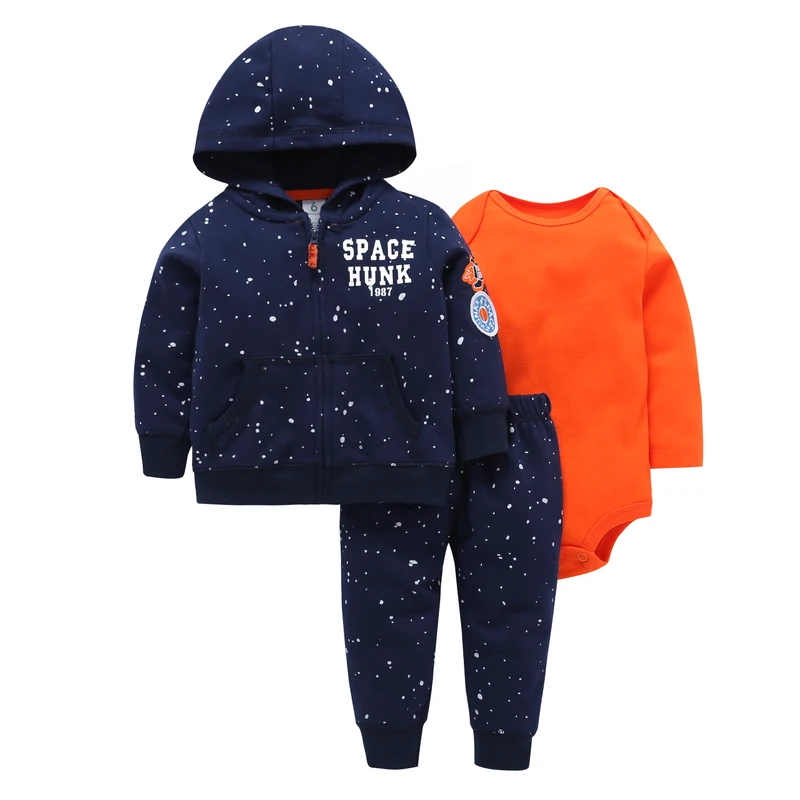 6-24M baby boy clothes Long sleeve hooded coat letter embroidered+orange romper+pants new born girl 3pcs clothing set cotton