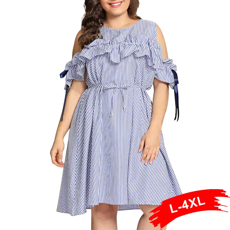 Plus Size Ruffles Cold Shoulder Bow Tie Striped Midi Dress 3Xl 4Xl Summer Streetwear Sash Party Dresses Hollow Out Vestidos
Plus Size Ruffles Cold Shoulder Bow Tie Striped Midi Dress 3Xl 4Xl Summer Streetwear Sash Party Dresses Hollow Out Vestidos
