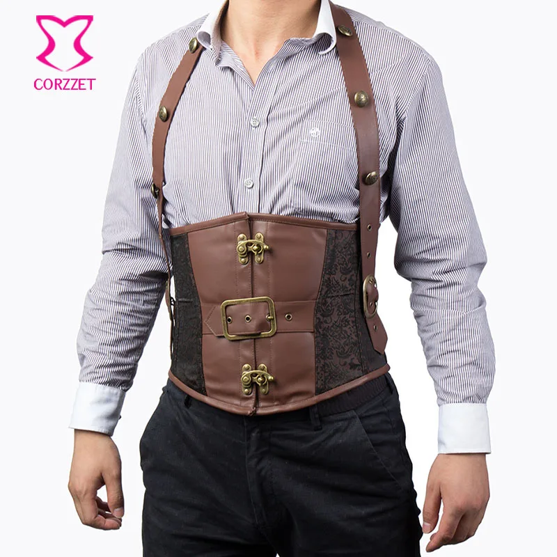 Brown Leather & Brocade Halter Strap Corsets And Bustiers Gothic Steampunk Corset Underbust Steel Boned Waist Trainer Vest Men
Brown Leather & Brocade Halter Strap Corsets And Bustiers Gothic Steampunk Corset Underbust Steel Boned Waist Trainer Vest Men