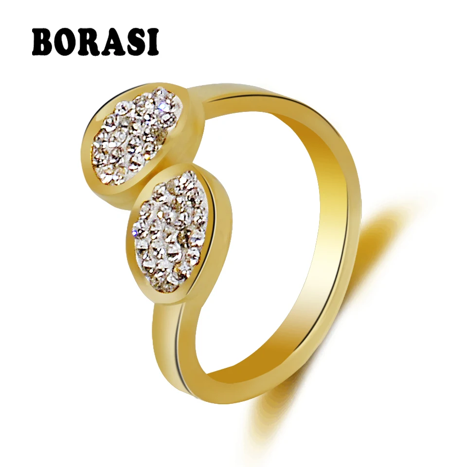 

BORASI Fashion Double Oval Circle Crystal Ring 316L Stainless steel jewelry Rhinestones Studded Finger Rings For Women