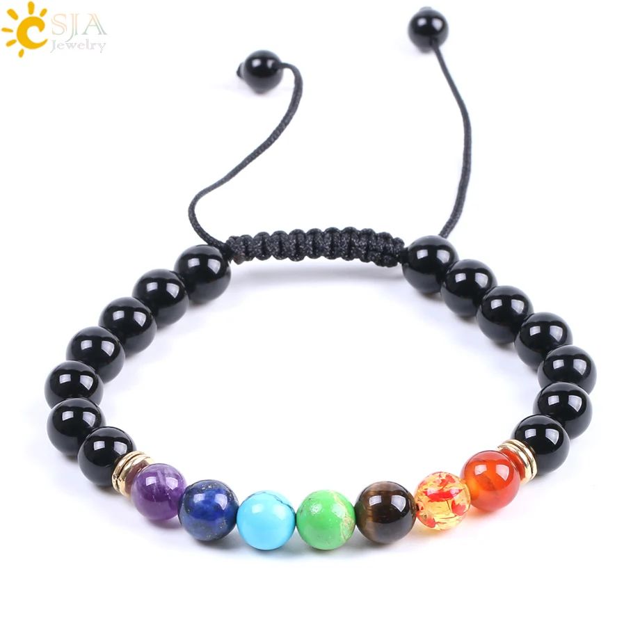 CSJA 7 Chakra Bracelets Men Women Black Onyx Healing Balance Prayer Natural Stone Beads Yoga Strand Bangles Rope Adjustable F087 | Украшения