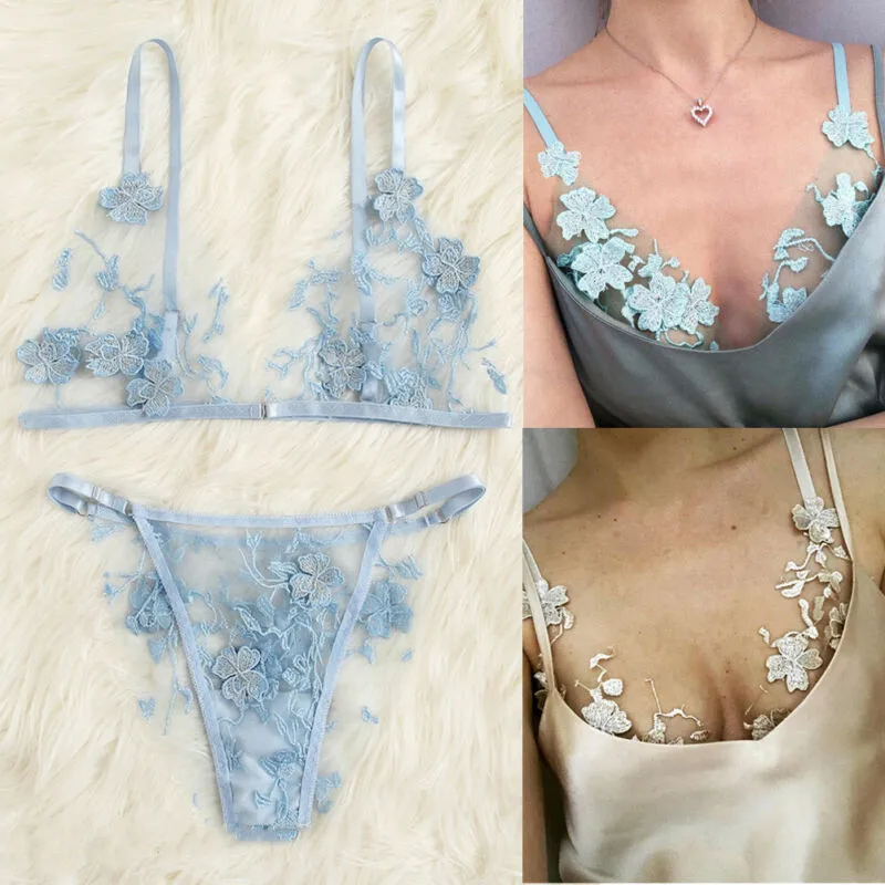 

UK Sexy Women Embroidered Flower Underwear Sheer Lace Floral Bralette Bra Set Panties Underwear Lingerie 6-18