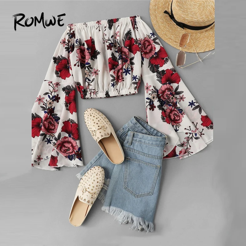 ROMWE Off Shoulder Fluted Sleeve Top 2019 Sexy Floral Women Spring Autumn Flounce Sleeve Blouse Slutty Slash Neck Blouse
ROMWE Off Shoulder Fluted Sleeve Top 2019 Sexy Floral Women Spring Autumn Flounce Sleeve Blouse Slutty Slash Neck Blouse