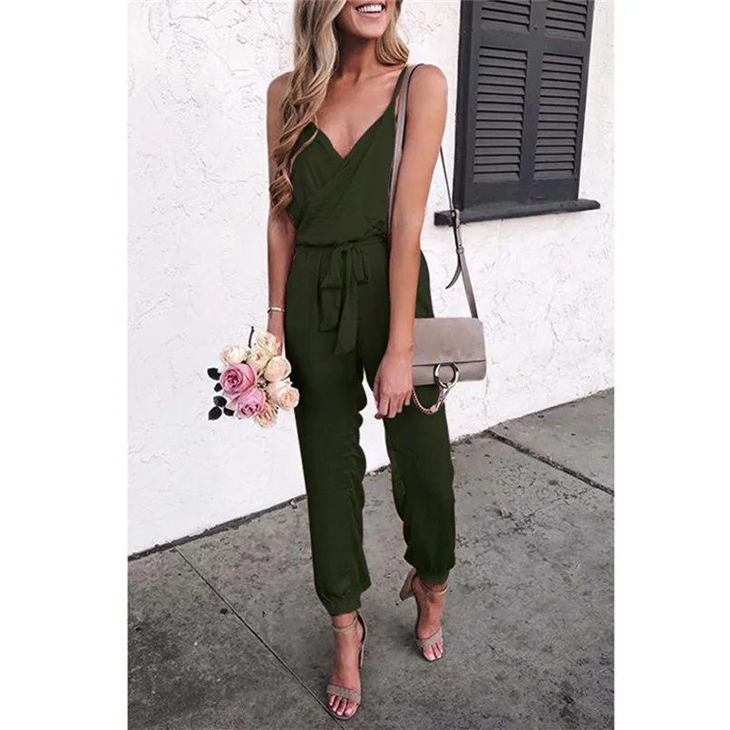 New Summer Women Solid V-Neck Strapless Bandage Ruffled Sleeveless Long Jumpsuits Lady Elegant Playsuit Fashion Jumpsuit #4R07 (11)