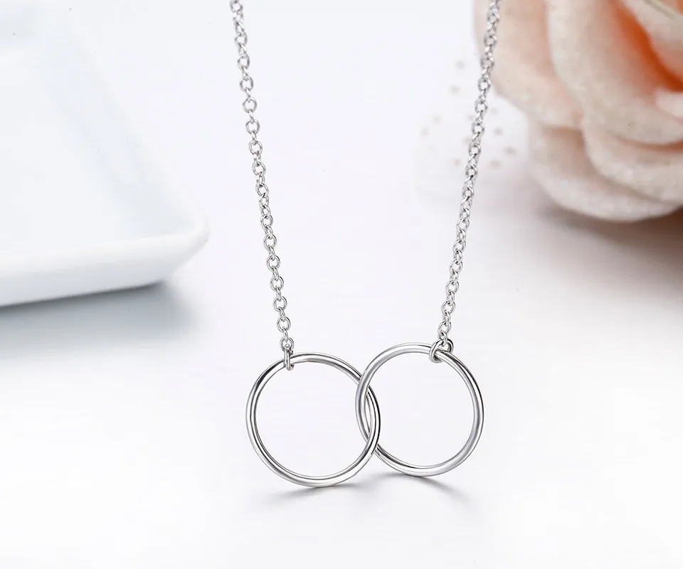 

925 Sterling Silver Chain Link Double Round Circles Pendant Short Choker Necklace Women Jewelry Girls best friends Collier kolye