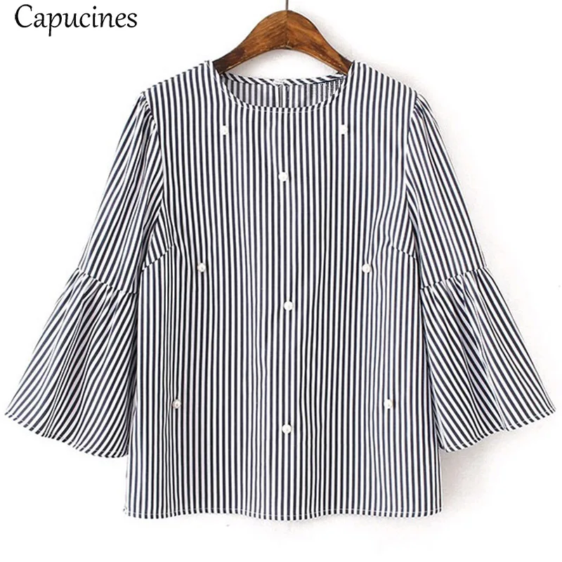 Spring Autumn Fashion Cute Pearls Beading Flare Sleeve Striped Blouses Woman 3/4 Sleeve O-Neck Casual Shirts Ladies Tops Blusas
Spring Autumn Fashion Cute Pearls Beading Flare Sleeve Striped Blouses Woman 3/4 Sleeve O-Neck Casual Shirts Ladies Tops Blusas