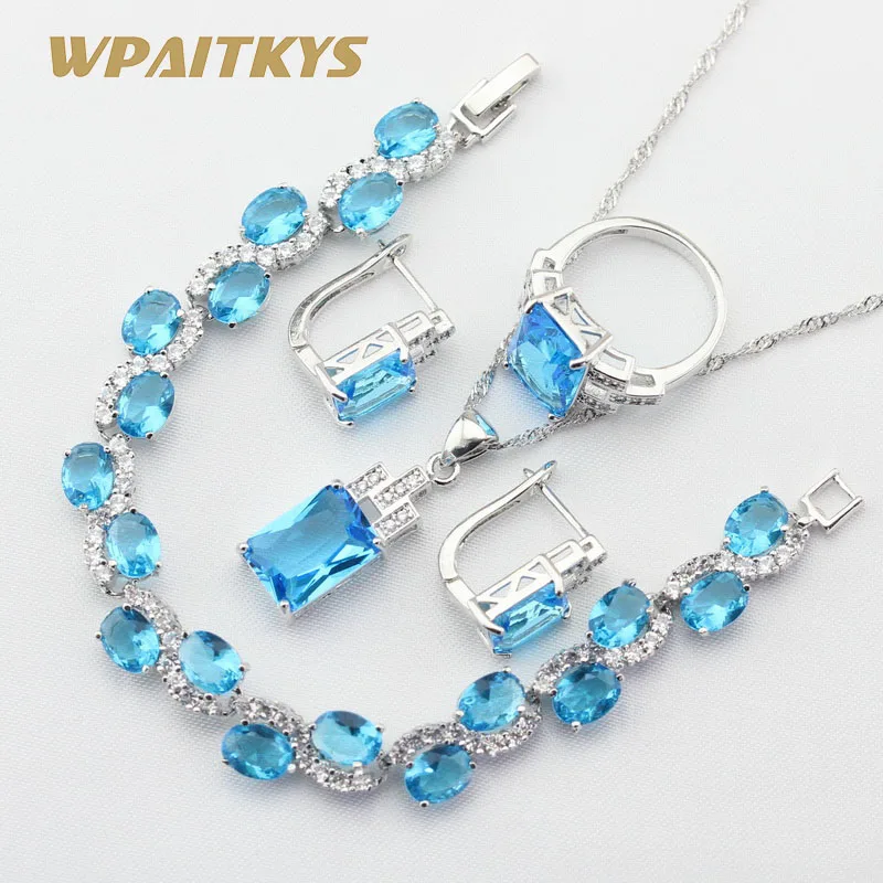 Silver Color Jewelry Sets For Women Light Blue Black 4PCS Bracelets Necklace Pendant Hoop Earrings Rings Free Gift Box
Silver Color Jewelry Sets For Women Light Blue Black 4PCS Bracelets Necklace Pendant Hoop Earrings Rings Free Gift Box