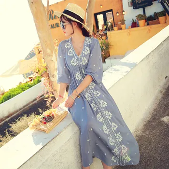 

Summer Beach Lady Dress Bohemia Loose Embroidery Fluid One-Piece Palace Lolita V-Neck Loose Ankle-Length Blue Black Dress