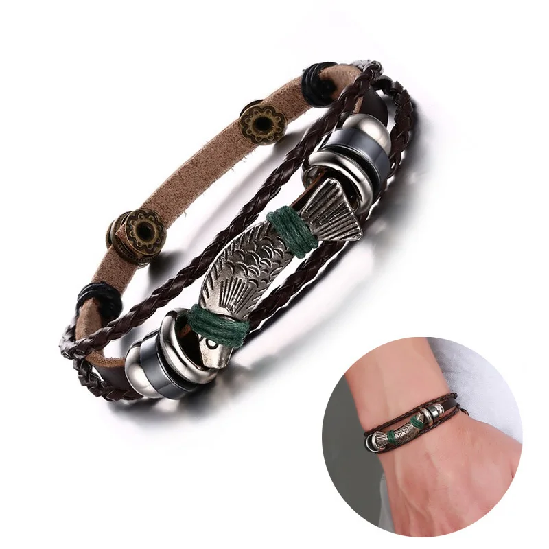 Men Leather Trout Wristband with Silver Tone Fish Leather Bracelet in Brown Braided Rope Braslet Male Jewelry
Men Leather Trout Wristband with Silver Tone Fish Leather Bracelet in Brown Braided Rope Braslet Male Jewelry
