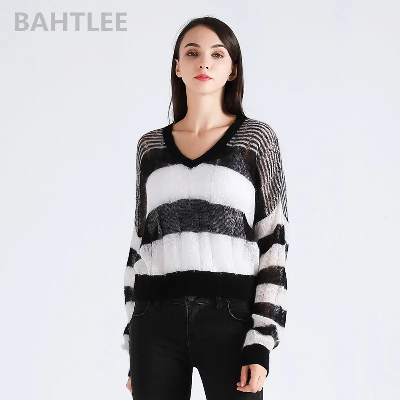BAHTLEE Sprin Autumn Women Top Of Mohair Pullovers Sweater Knitted V-Neck Short Style Long Sleeves Coat Black And White | Женская одежда