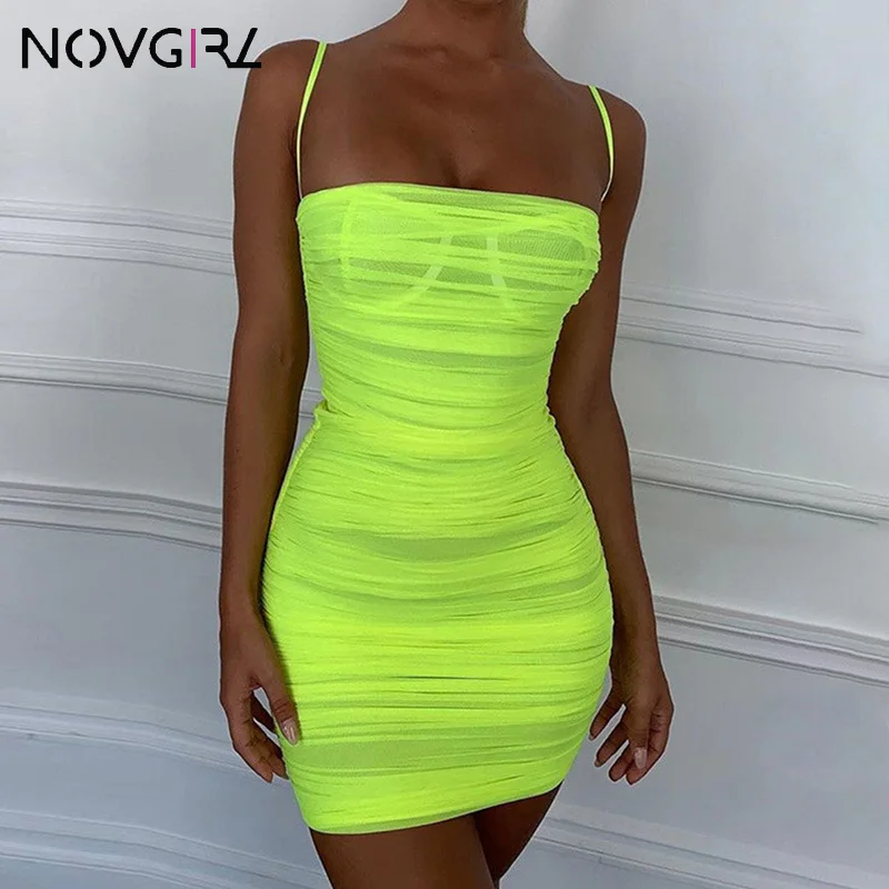 

Novgirl Neon Green Mesh Party Dress Women 2019 Summer Strap Backless Sexy Bodycon Dresses Beachwear Ruched Mini Vestidos