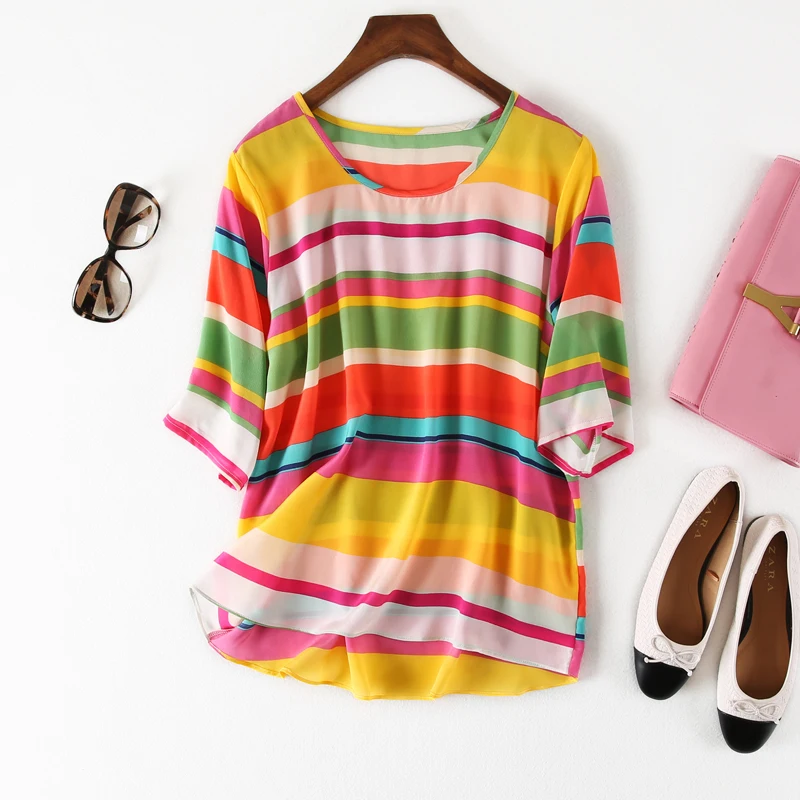 2019 summer new arrive candy color striped printed 100% natural silk half sleeves women's shirt silk blouse
2019 summer new arrive candy color striped printed 100% natural silk half sleeves women's shirt silk blouse
