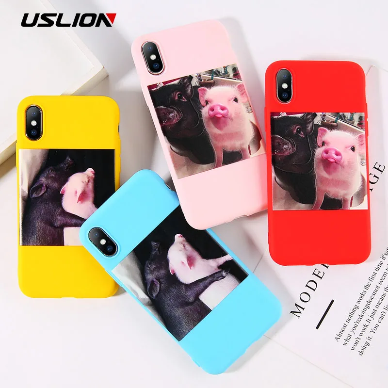 USLION Candy Color Cartoon Pig Phone Case For iPhone X XS XR Xs Max Cases 6 6s 7 8 Plus 5 5s SE Couples Soft TPU Cover |