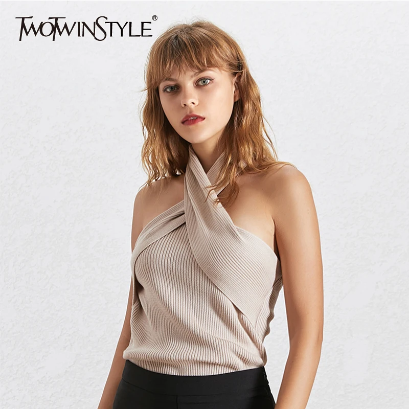 TWOTWINSTYLE Halter Knitted T-shirt Tops Female Sleeveless Backless Sexy Knitting T-Shirts Women Fashion Clothes Korean 2019 New
TWOTWINSTYLE Halter Knitted T-shirt Tops Female Sleeveless Backless Sexy Knitting T-Shirts Women Fashion Clothes Korean 2019 New