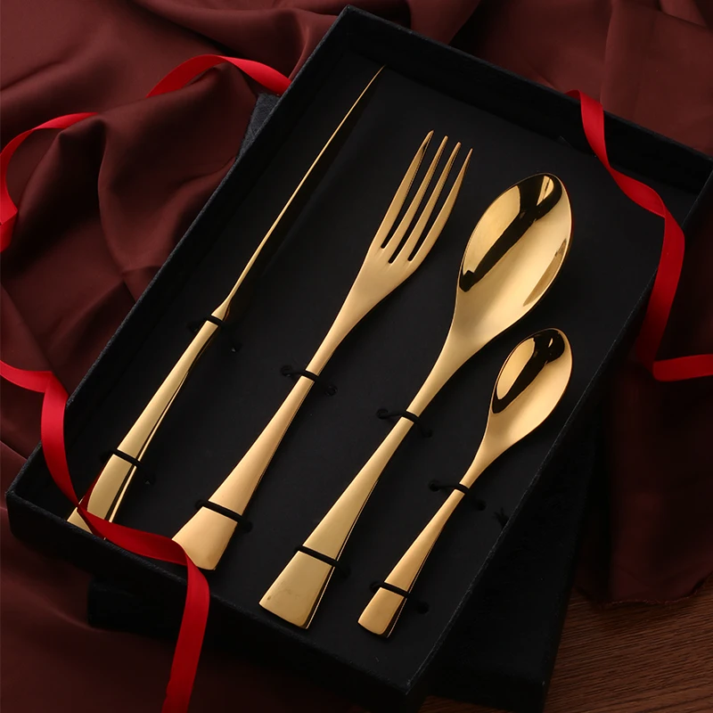 4-pcs Luxury Gold Flatware Set Stainless Steel Cutlery Set Knife Fork Set Tableware Cutleries Western Food Set with Gift Box
4-pcs Luxury Gold Flatware Set Stainless Steel Cutlery Set Knife Fork Set Tableware Cutleries Western Food Set with Gift Box