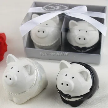 

60pcs=30sets ceramic wedding favors of pig bride and groom couple salt and pepper shaker sets in gifts souvenirs