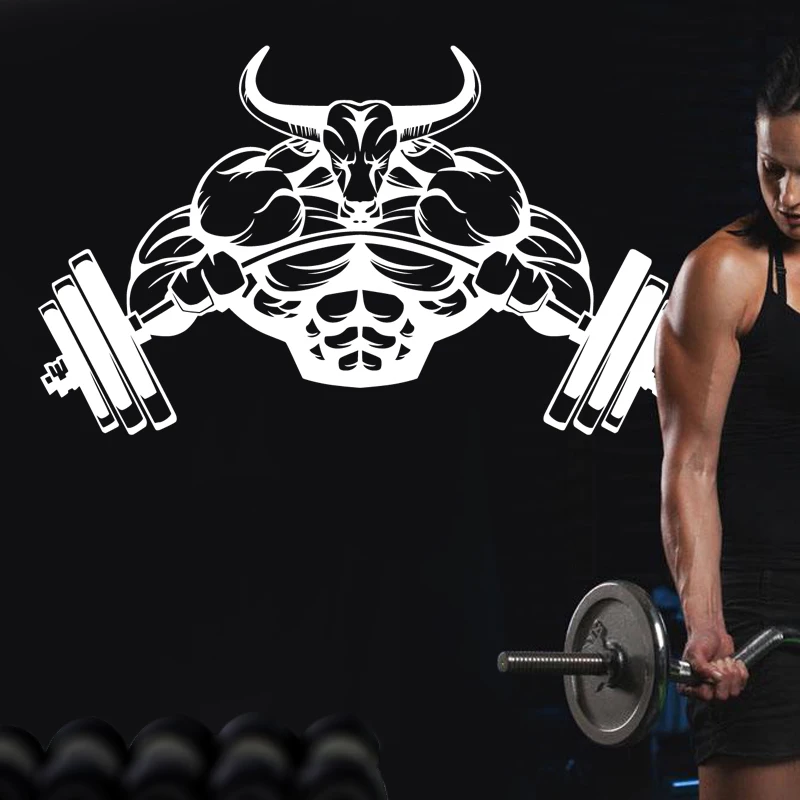Gym Sticker Barbell Bull Fitness Decal Body-building Posters Vinyl Wall Decals Pegatina Quadro Parede Decor Mural Gym Sticker