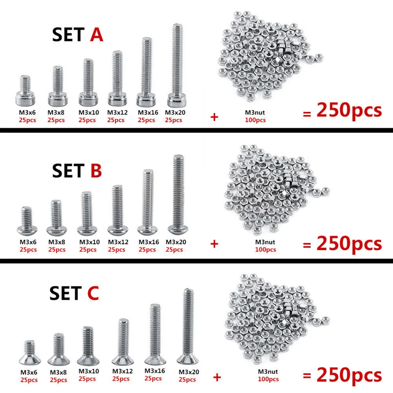 250pc/set A2 Stainless Steel M3 Cap/Button/Flat Head Screws Sets Hex Socket Bolt With Hex Nuts Assortment Kit Mayitr