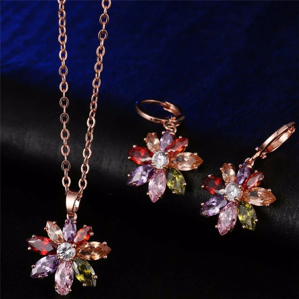Multicolor Pendant+Earrings Set Rose Gold Filled Womens Jewelry Set Inlaid Zirconia
Multicolor Pendant+Earrings Set Rose Gold Filled Womens Jewelry Set Inlaid Zirconia