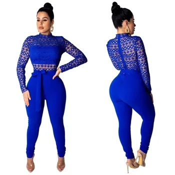Hot Sale Fashion Solid Full Sleeves Lace See Through With Belt Pants Club Women Bodycon Jumpsuit 
Hot Sale Fashion Solid Full Sleeves Lace See Through With Belt Pants Club Women Bodycon Jumpsuit