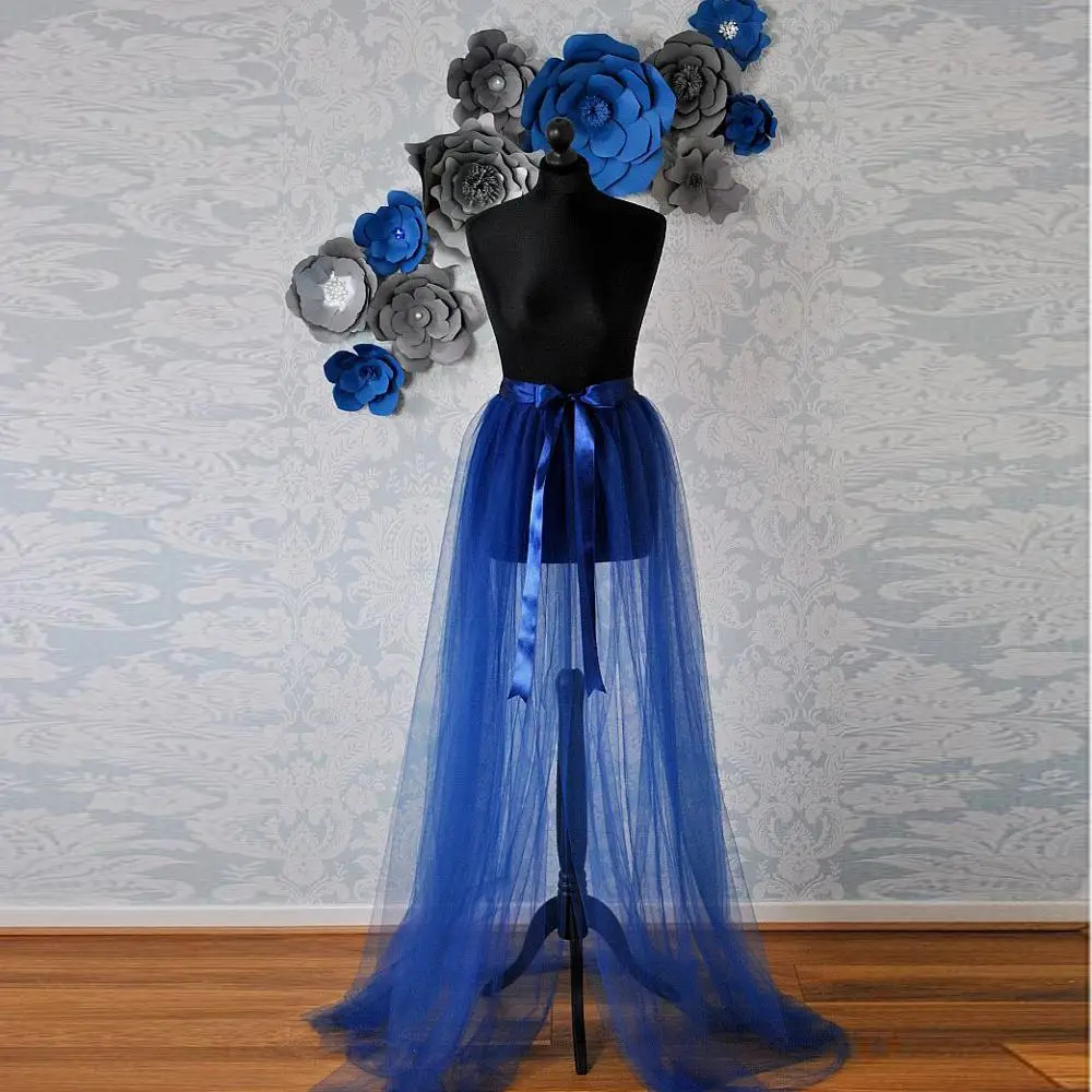 

Real Image Royal Blue Tulle Detachable Train Ribbon Sash Bow See Thru Sexy Over Wrap Tulle Skirts Women Tutu Skirt