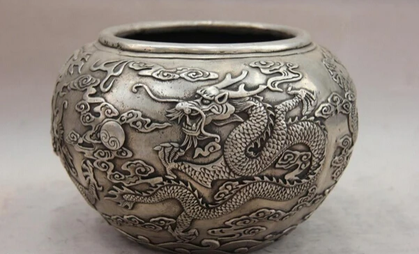 S1582 China White Copper Silver Lucky Dragon Play Bead kettle Tank Jar canister Pot D0318
S1582 China White Copper Silver Lucky Dragon Play Bead kettle Tank Jar canister Pot D0318