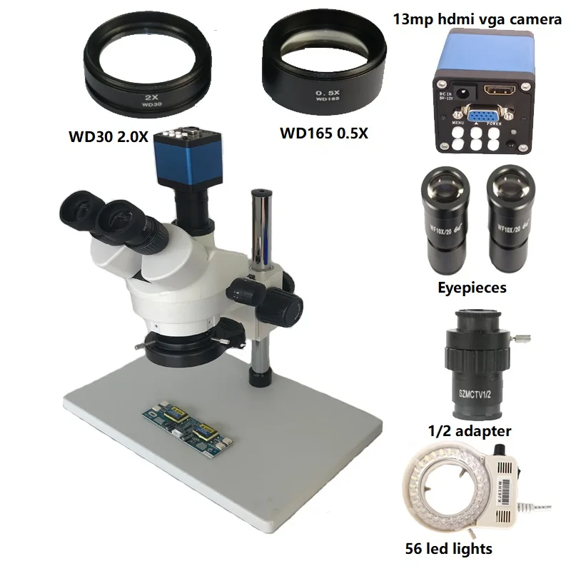 3.5X 7X 45X 90X simul-focal Trinocular Microscope stereo+13MP HDMI VGA microscopio camera+56 lights +1/2 0.5x adapter
3.5X 7X 45X 90X simul-focal Trinocular Microscope stereo+13MP HDMI VGA microscopio camera+56 lights +1/2 0.5x adapter