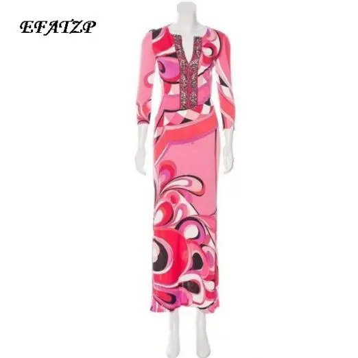 

EFATZP New Fashion Designer Long Dress Women's Colorful Geometry Print V-neck Stretch Jersey Silk Spandex Maxi Dress