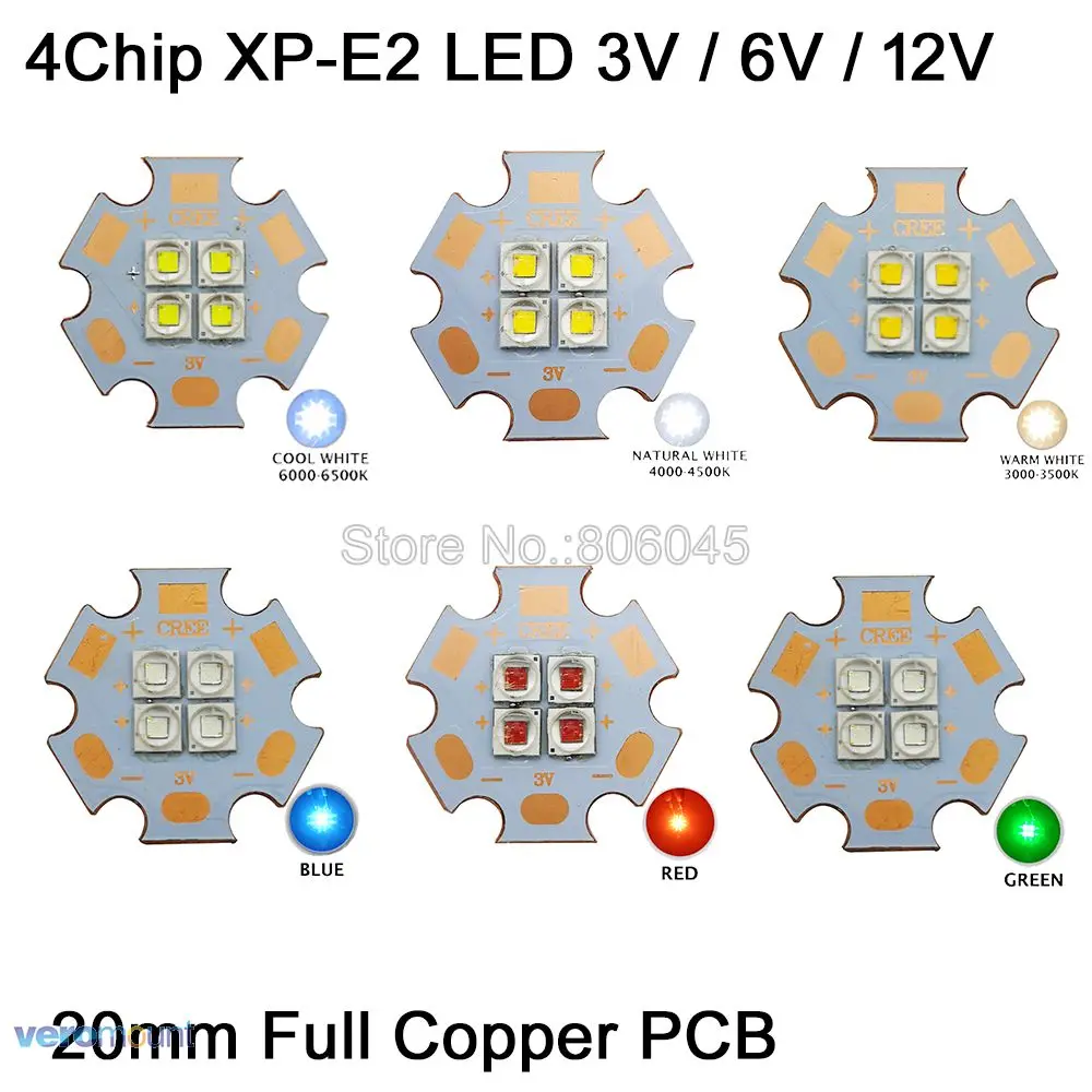 

10pcs Cree XPE2 XP-E2 3V 6V 12V 4Chips High Power LED Emitter Cool White Warm White Neutral White Red Colors on 20mm Copper PCB