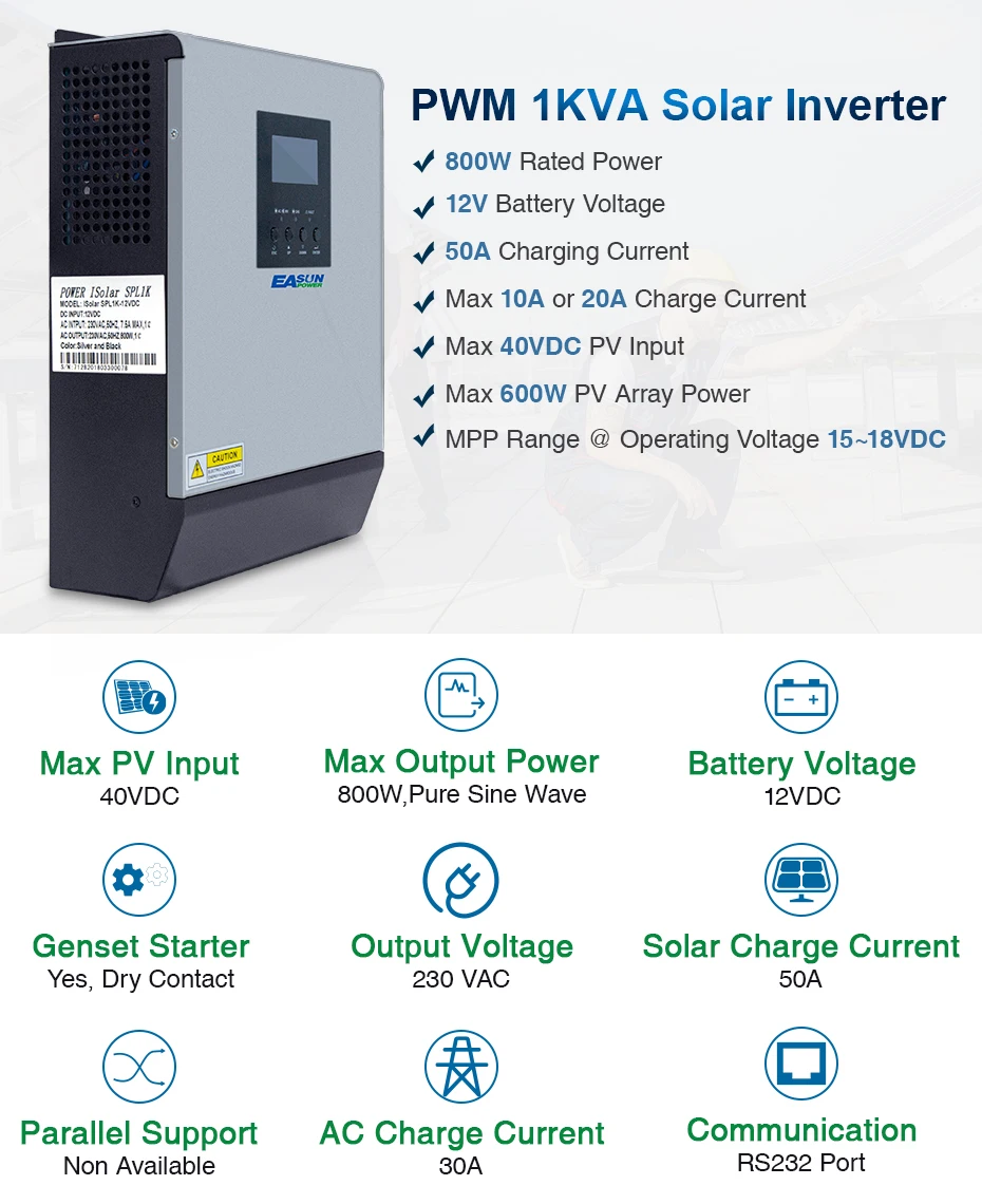 EASUN POWER Solar Inverter 1KVA 12V 220V Pure Sine Wave Hybrid Inverter Built in 50A PWM Solar Charge Controller Battery Charger ISolar SPL 1K-01
