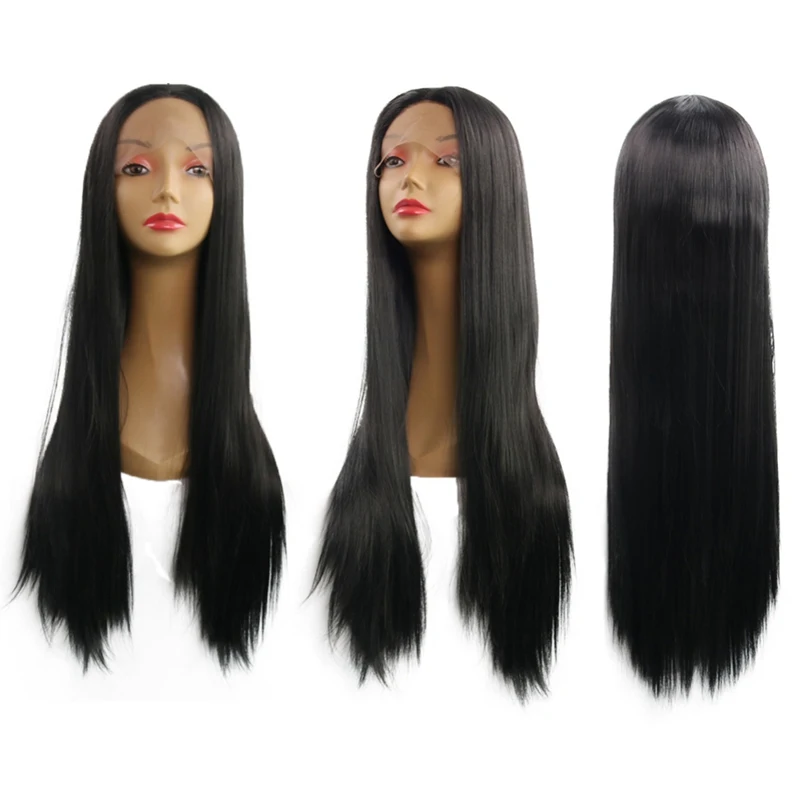 

Synthetic Hair Europe and The United States Ladies Long Straight Hair Black Lace Hood Chemical Fiber Hood Wig Hair Styling Good