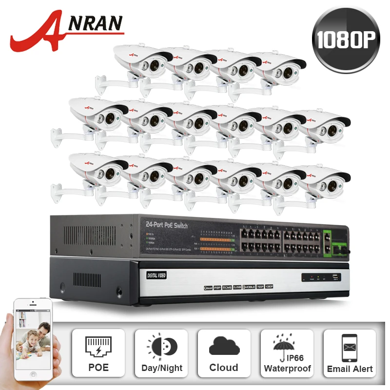 

1080P HD IR Outdoor CCTV POE IP Camera 24CH POE Switch 6TB HDD 2.0 MP Onvif 16CH NVR CCTV Network Video Recorder System