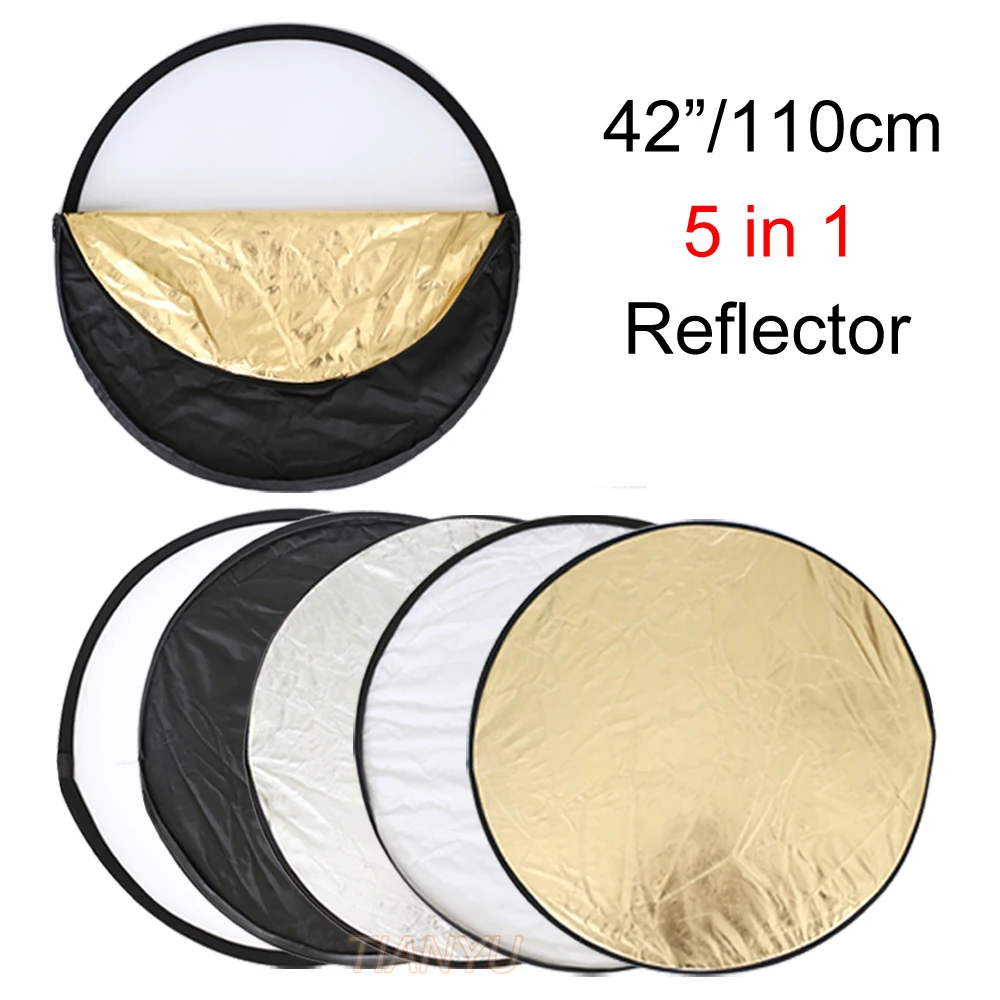 42" Reflector 110cm 5in1 Portable Collapsible Light Round Photography Reflector for Studio Golden/silver/white/black/translucet
42" Reflector 110cm 5in1 Portable Collapsible Light Round Photography Reflector for Studio Golden/silver/white/black/translucet