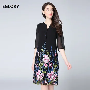 New Brand Chinese Style Plus Size Women Luxury Floral Embroidery 3/4 Sleeve Solid Black Elegant Party Knee-Length Dress Femme
New Brand Chinese Style Plus Size Women Luxury Floral Embroidery 3/4 Sleeve Solid Black Elegant Party Knee-Length Dress Femme