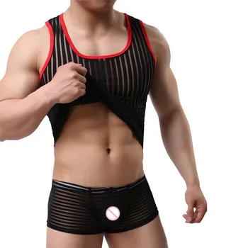 Mens Polyester Striped Mesh Vest Beach Casual Gauze Breathable Tank tops and Boxers Sets Underskirt and Pant Set uderwear Men 
Mens Polyester Striped Mesh Vest Beach Casual Gauze Breathable Tank tops and Boxers Sets Underskirt and Pant Set uderwear Men