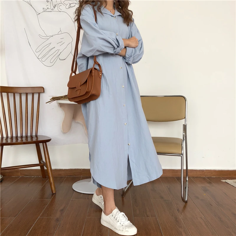 2018 spring Korean wild pure color lapel long-sleeved shirt loose side split in the long shirt female
2018 spring Korean wild pure color lapel long-sleeved shirt loose side split in the long shirt female