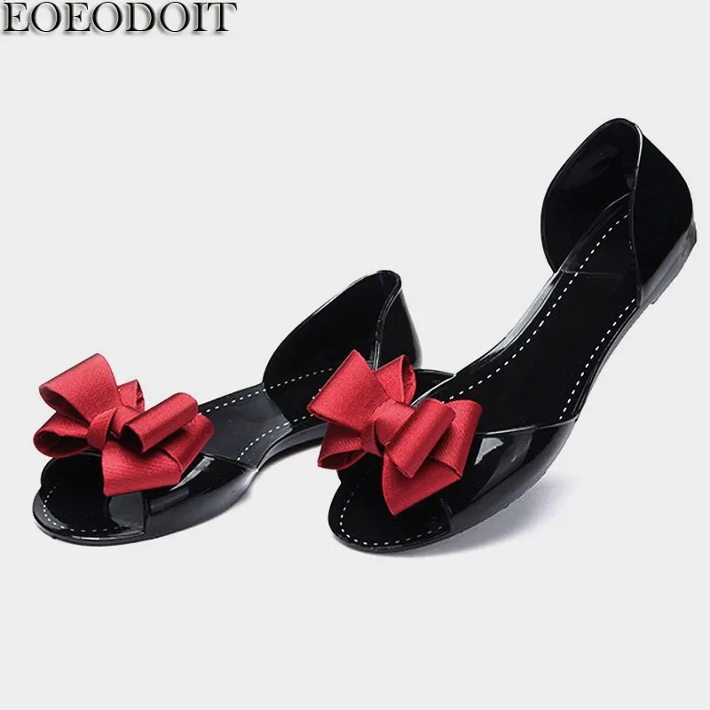 

EOEODOIT 2018 Autumn Jelly Shoes With Bow Flats Sandals Women Flat Heel Open Toe Casual Slip Resistance Shallow Mouth Plus Size