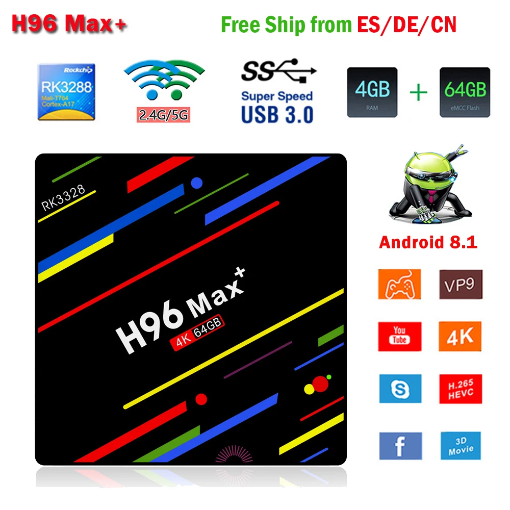 H96 MAX Plus Смарт ТВ коробка Android 8 1 с двумя камерами процессор Rockchip RK3328 4 Гб 64 USB3.0