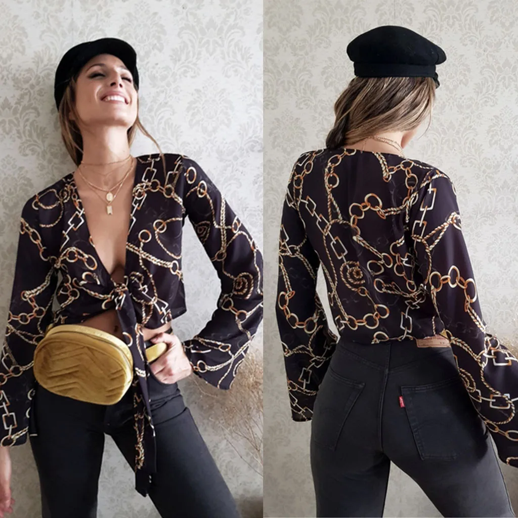 2019 Spring and summer women's shirt T-shirt 2019 ladies fashion casual sexy shirt jacket deep V-neck chain printing tie short s
2019 Spring and summer women's shirt T-shirt 2019 ladies fashion casual sexy shirt jacket deep V-neck chain printing tie short s