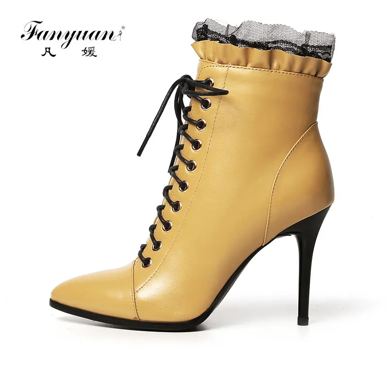 Fanyuan Plus Size 33-43 Women's Sexy Bootie Pointed Toe Lace up with Ruffles Thin High Heels Ankle Lace Boots with zipper
Fanyuan Plus Size 33-43 Women's Sexy Bootie Pointed Toe Lace up with Ruffles Thin High Heels Ankle Lace Boots with zipper