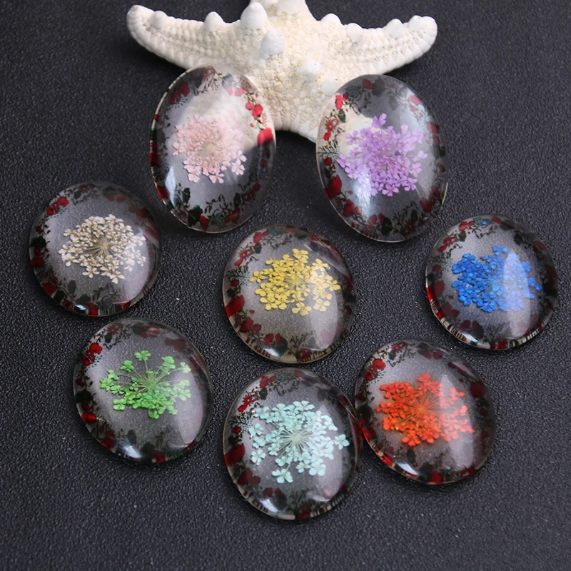 

4pcs 18*25mm Mixed Natural Dried Flowers Handmade Glass oval Cabochons Fit Earring Hooks bracelet Cameo Setting