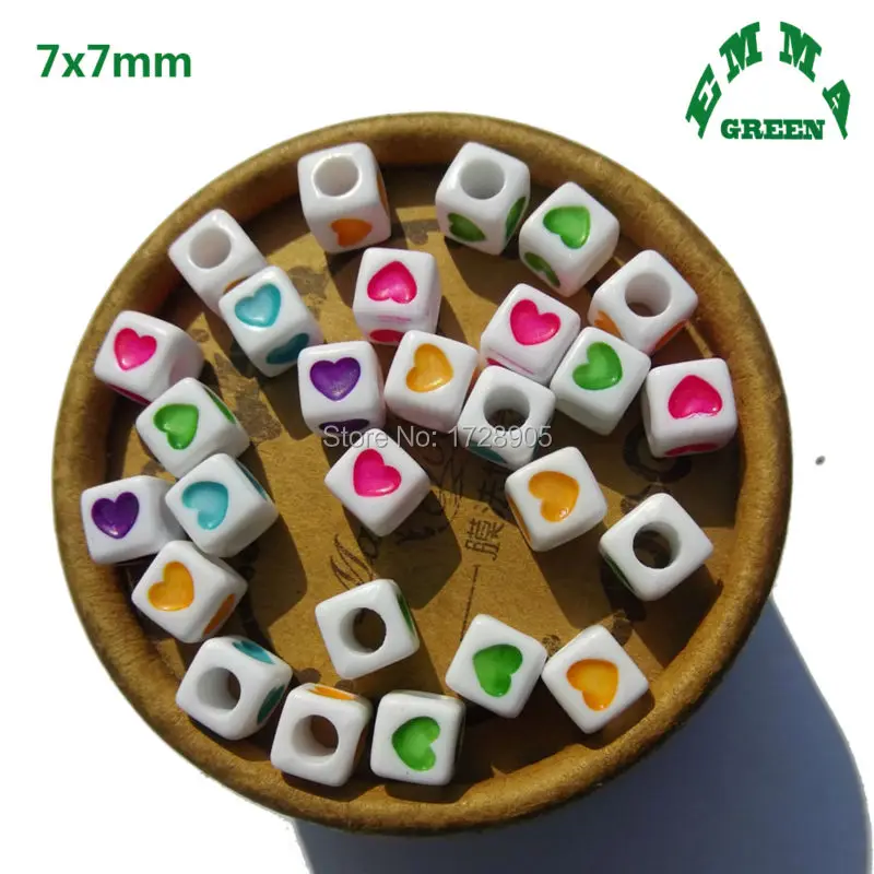

Heart Printed Beads Colorful Heart Cube Acrylic Alphabet Letter Spacer Beads Acrylic Cube Beads Big Hole 7*7 mm 1900 pcs
