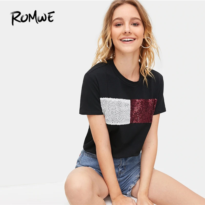 ROMWE Contrast Sequin Tee 2019 New Posh Chic Basic Black Short Sleeve Tops Comfortable Round Neck Women Clothing T Shirt
ROMWE Contrast Sequin Tee 2019 New Posh Chic Basic Black Short Sleeve Tops Comfortable Round Neck Women Clothing T Shirt