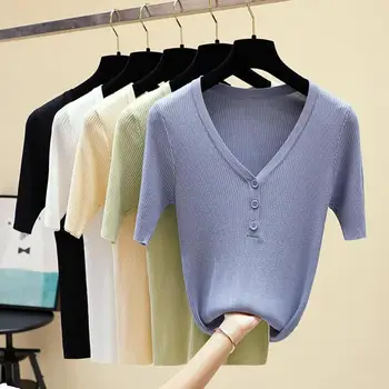 Summer Sweaters Women 2019 New V-neck Short Sleeve Knitting Shirts Casual Women Knitted Tops White Black Blue Femme Clothing
Summer Sweaters Women 2019 New V-neck Short Sleeve Knitting Shirts Casual Women Knitted Tops White Black Blue Femme Clothing