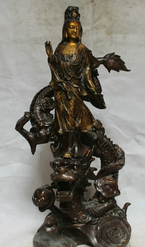 Collectible bronze S1434 26" Chinese Buddhism Bronze Gild stand Dragon Kwan-yin Guan Yin Goddess Statue B0403