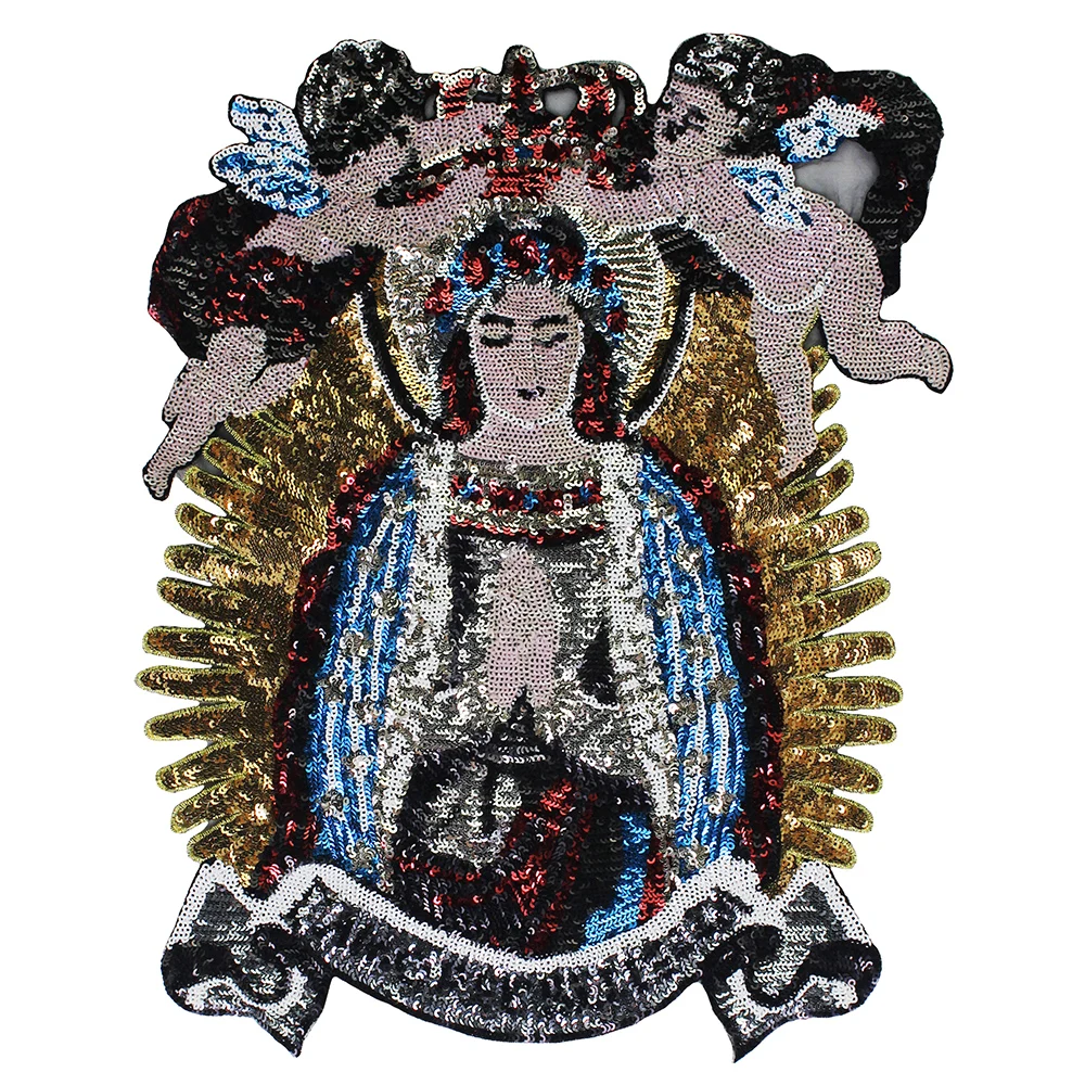

Large Sequin Fairy Virgin Mary Baby Angel Wings Patches Embroidery Applique Brand Fashion Show Back Patches Jacket