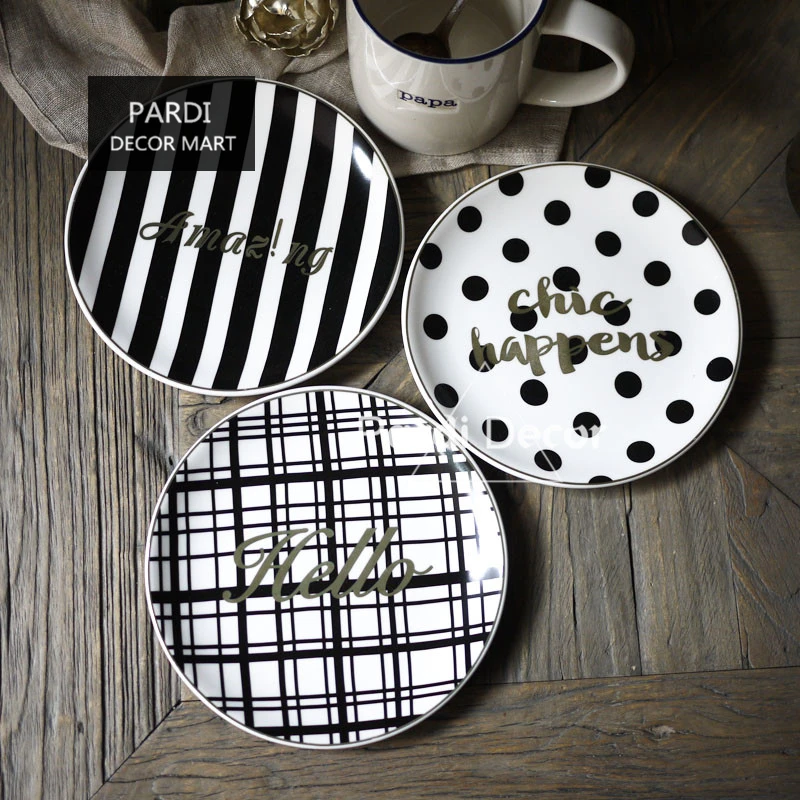 French style black and white gold inlay dessert plate fashion dot stripe plate 1pc/lot
French style black and white gold inlay dessert plate fashion dot stripe plate 1pc/lot