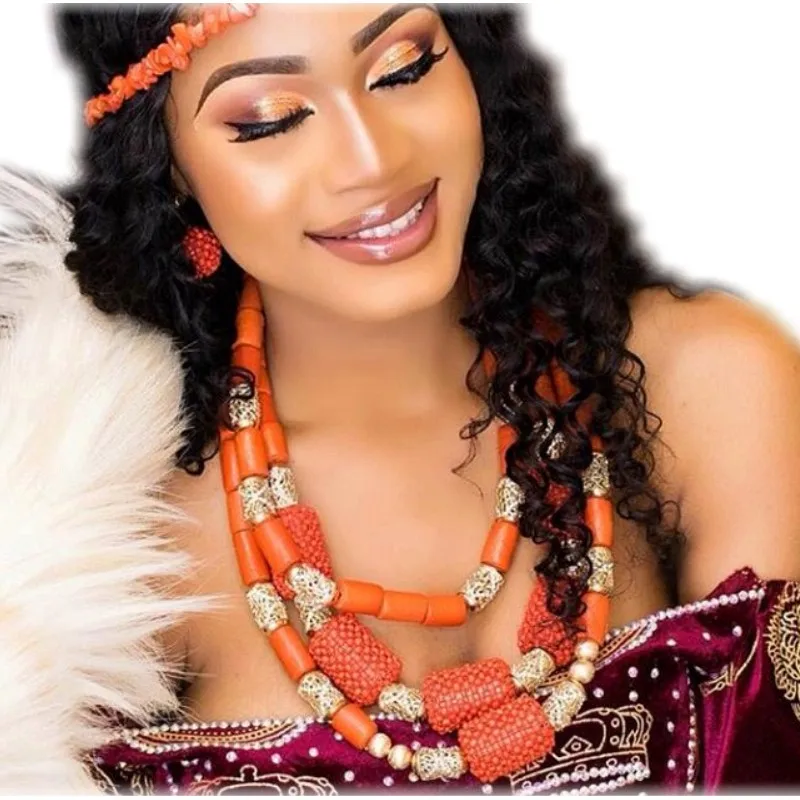 Bracelet Earrings Necklace Set African Nature Coral Beads Jewelry Sets For Women With Gold Balls 3 Layers Bridal Jewellery | Украшения и