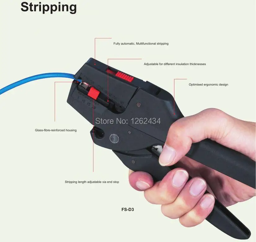 FS-D3 For stripping the plastic or rubber insulation of the single, multiple cables and wires of 0.08-2.5mm2
FS-D3 For stripping the plastic or rubber insulation of the single, multiple cables and wires of 0.08-2.5mm2