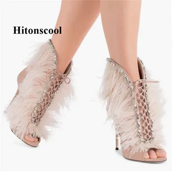 Hot Women Feather Rhinestone Peep Toe Ankle Boots Lace Up Cut-out Gladiator Summer Sandals Boots High Heels Party Shoes Women 
Hot Women Feather Rhinestone Peep Toe Ankle Boots Lace Up Cut-out Gladiator Summer Sandals Boots High Heels Party Shoes Women